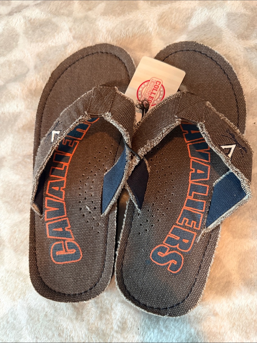 Kohl's Brown Canvas Flip Flops with Orange Logo Accent
